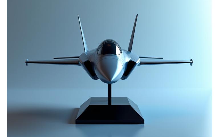 Sleek modern fighter jet model on a polished display stand