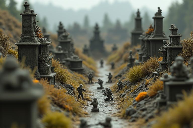 World War II battlefield diorama with miniature soldiers and destroyed buildings