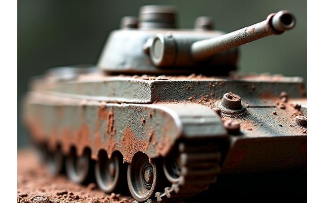 Close-up of a weathered tank model showing rust and chipped paint effects